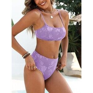 High Waisted Lace Swimsuits Two Piece Beach Wear Purple X-Large